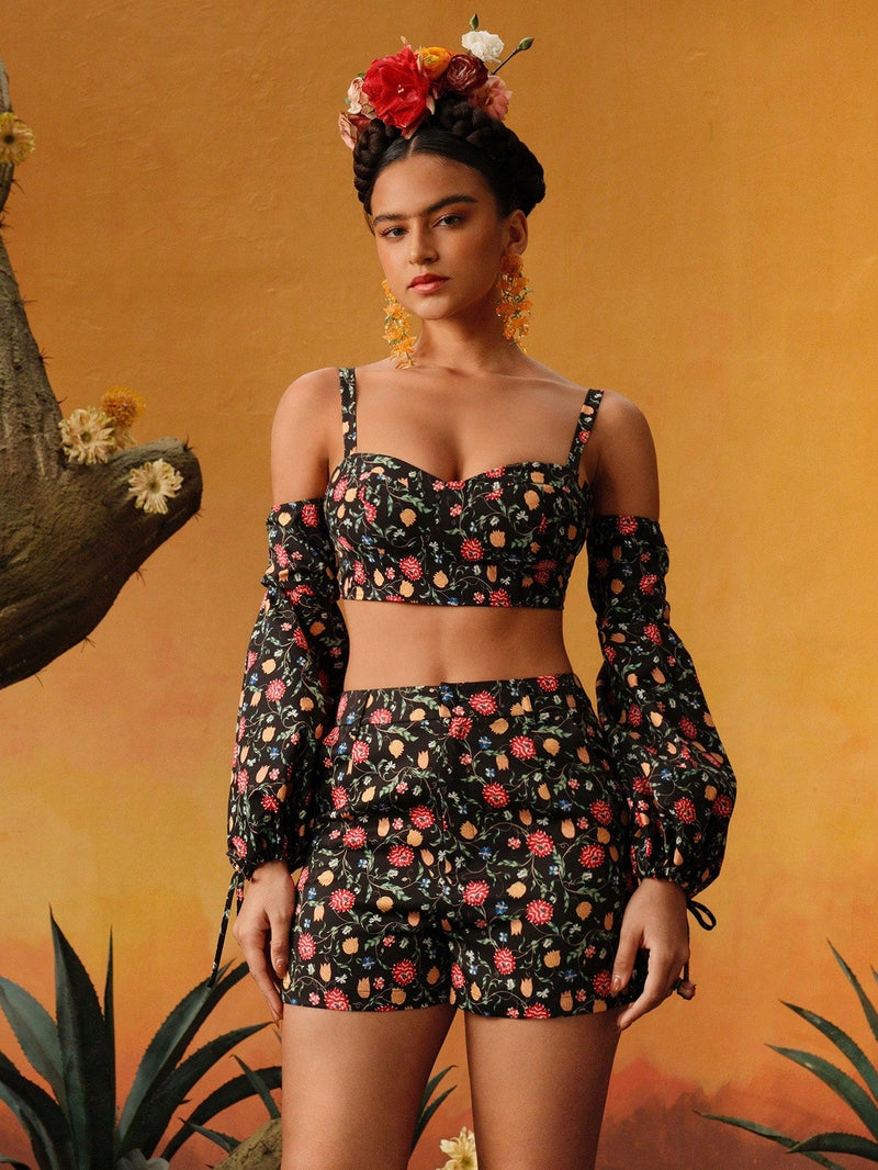 Frida Kahlo X  X Designer RAUL OROZCO Shorts con estampado floral completo y bolsillos oblicuos para el verano