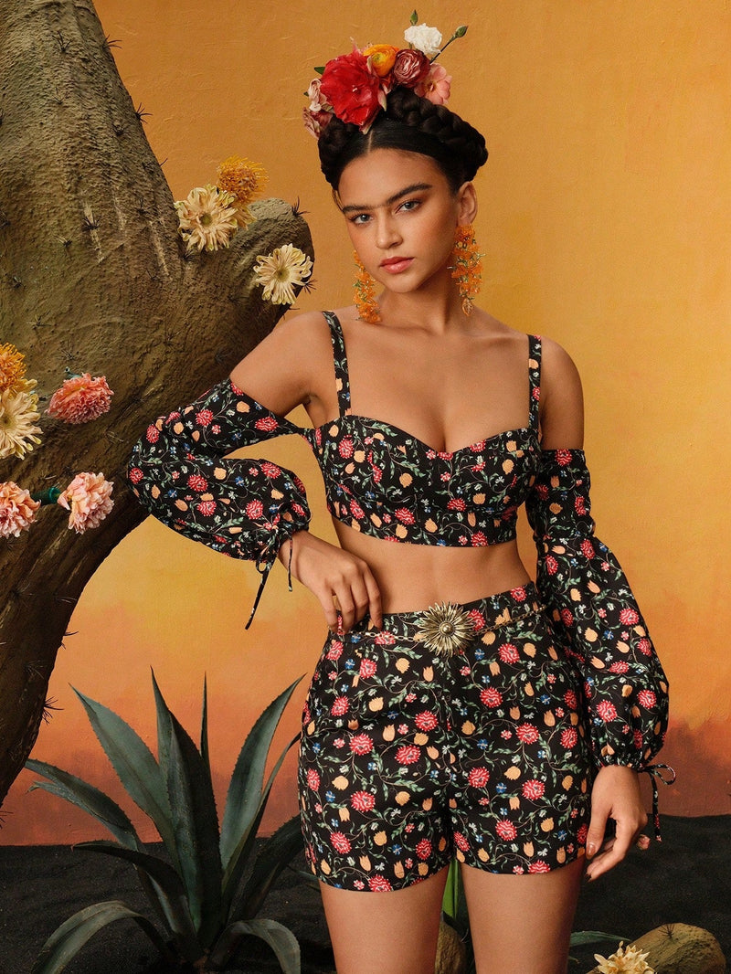 Frida Kahlo X  X Designer RAUL OROZCO Shorts con estampado floral completo y bolsillos oblicuos para el verano