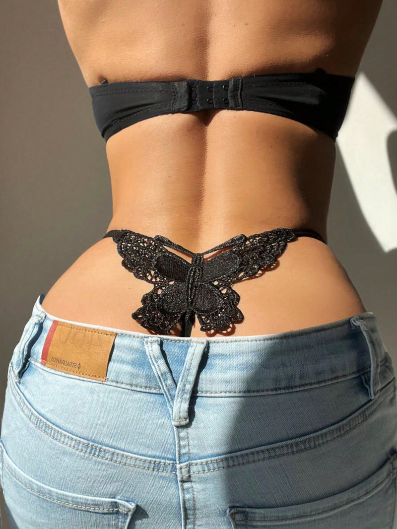 Tanga G-String de unicolor decorada con encaje de mariposa