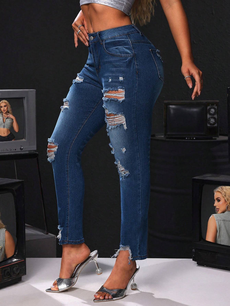 SXY Mujeres Jeans informales ajustados con bolsillos y detalles desgastados