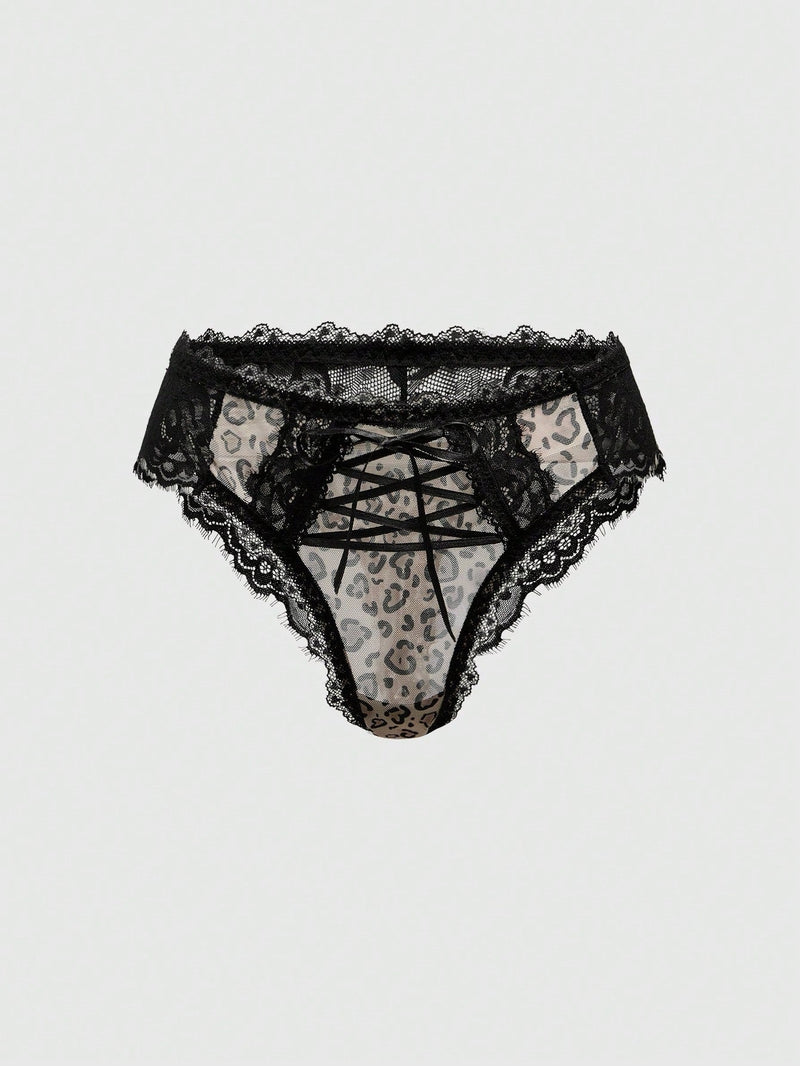 ROMWE Goth Tanga atada con encaje estilo Shibuya punk oscuro con estampado de leopardo para mujeres