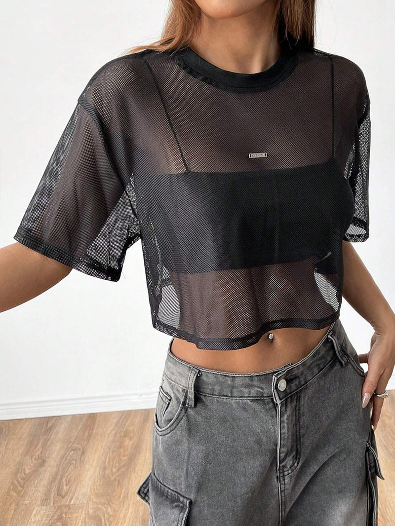 EZwear Top de malla negra de manga corta para mujer