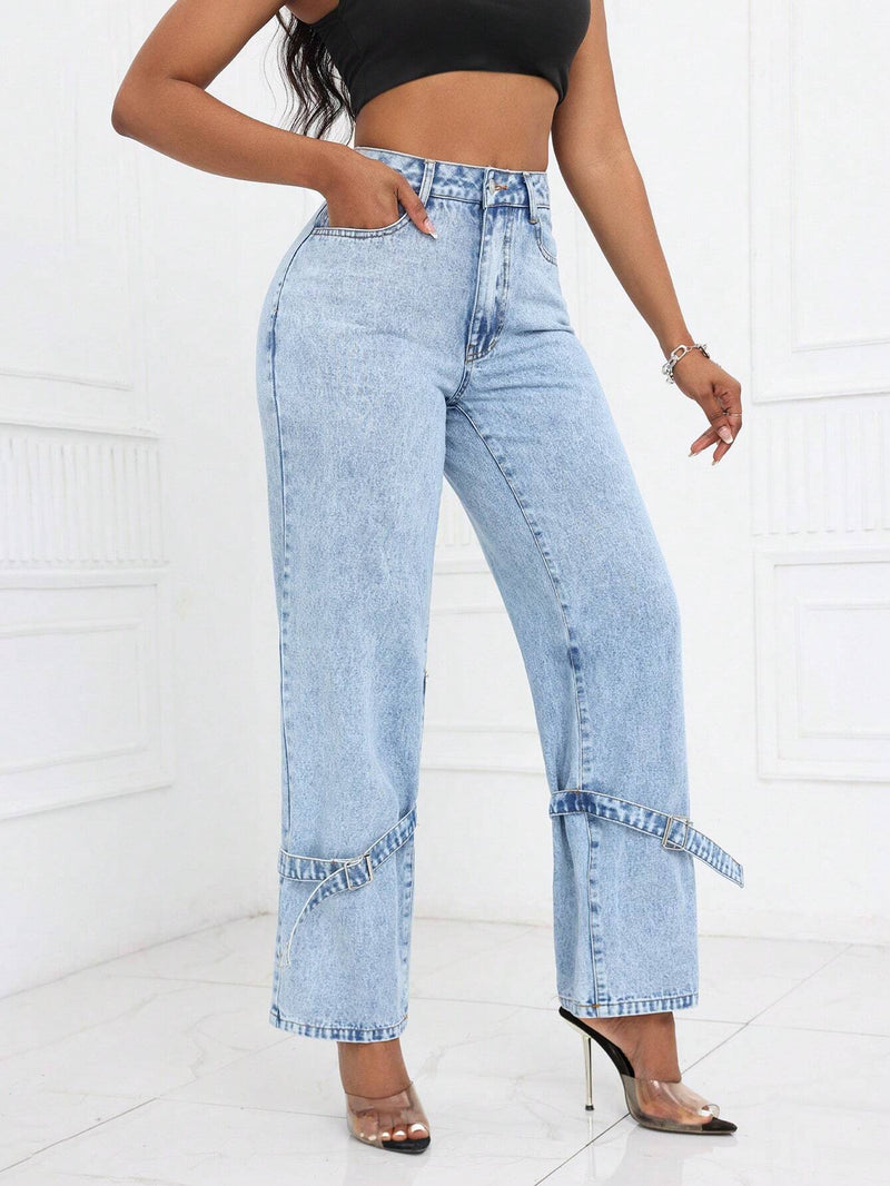 SXY Pantalones Jeans rectos de talle alto y pierna ancha de moda para mujer