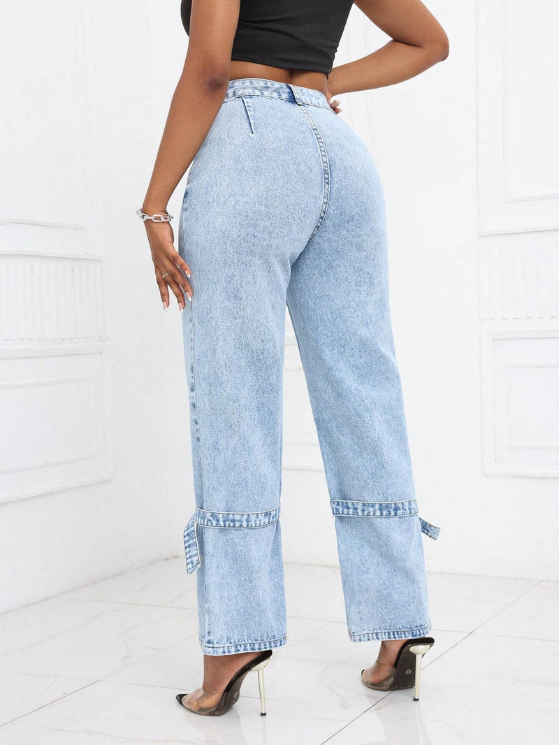 SXY Pantalones Jeans rectos de talle alto y pierna ancha de moda para mujer