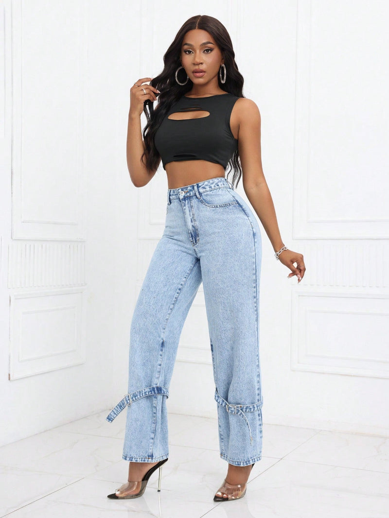 SXY Pantalones Jeans rectos de talle alto y pierna ancha de moda para mujer