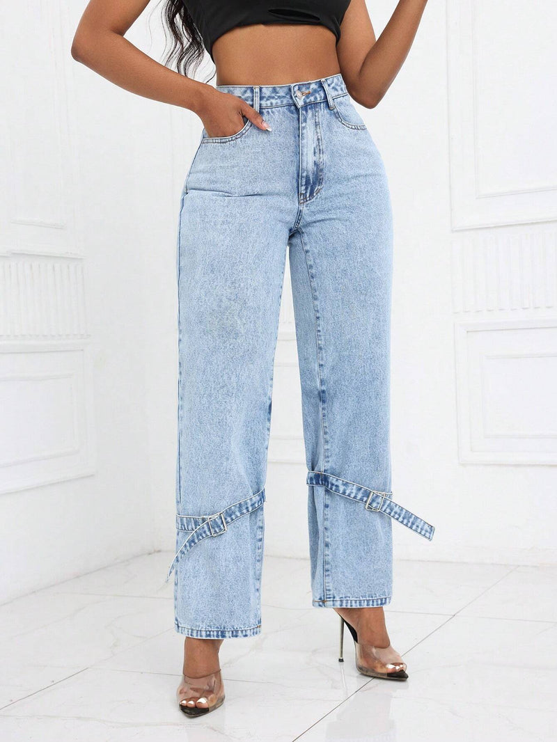 SXY Pantalones Jeans rectos de talle alto y pierna ancha de moda para mujer