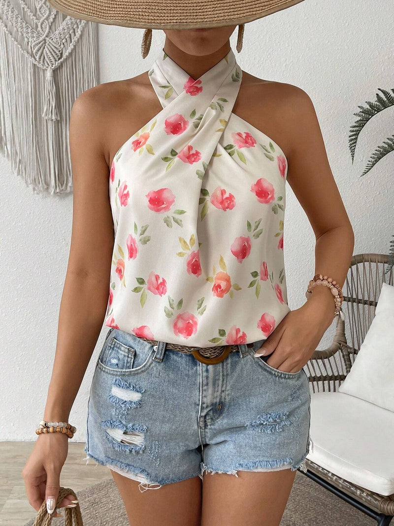 Blusa de vacaciones de ocio con estampado floral con escote halter