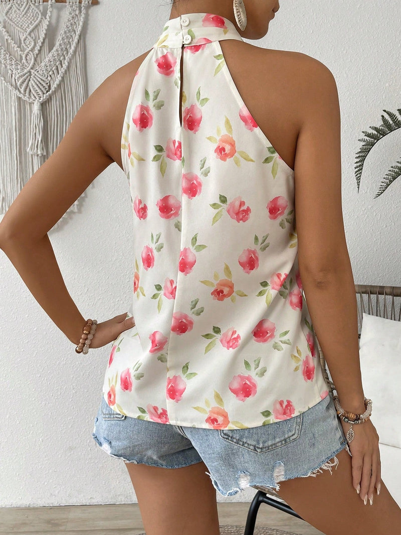 Blusa de vacaciones de ocio con estampado floral con escote halter