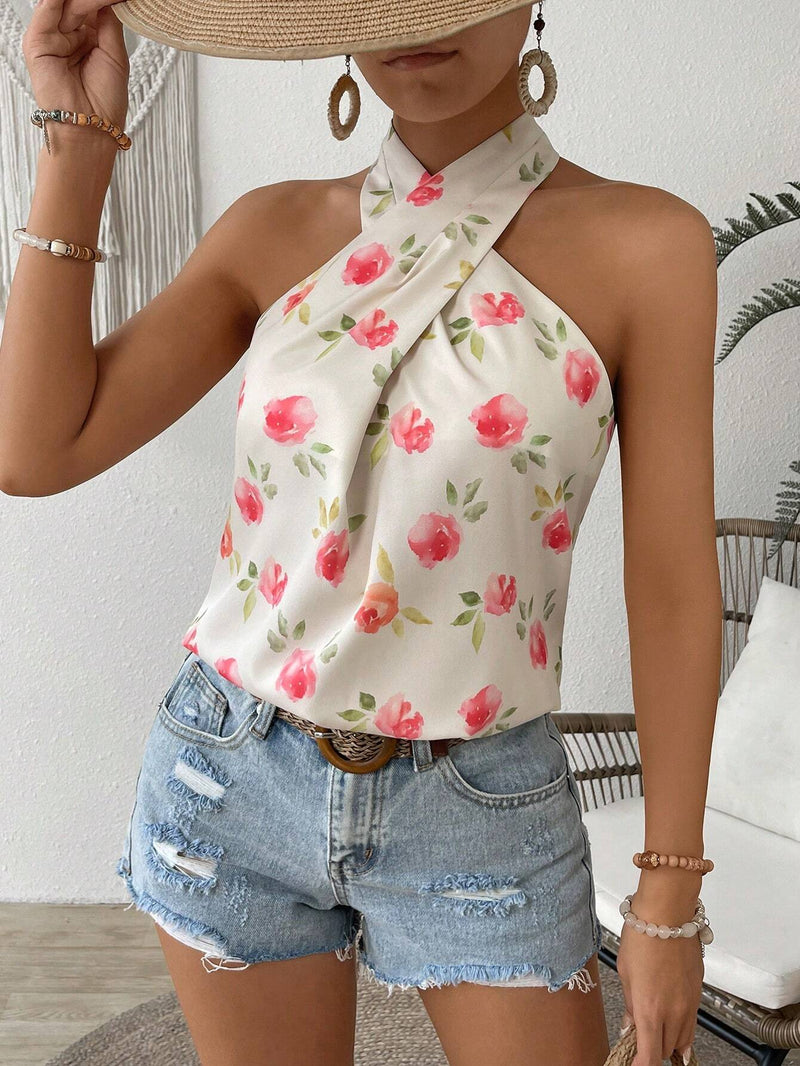 Blusa de vacaciones de ocio con estampado floral con escote halter