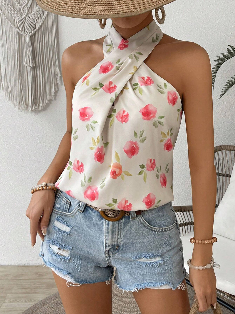 Blusa de vacaciones de ocio con estampado floral con escote halter