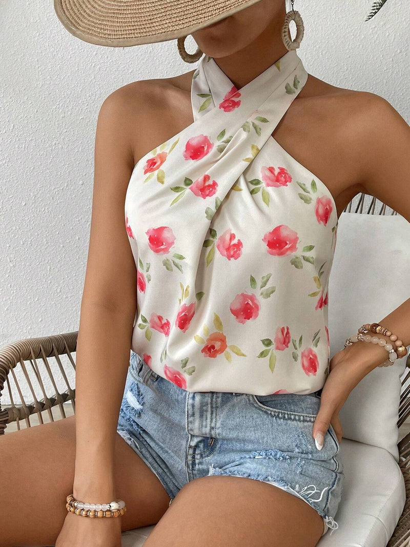 Blusa de vacaciones de ocio con estampado floral con escote halter