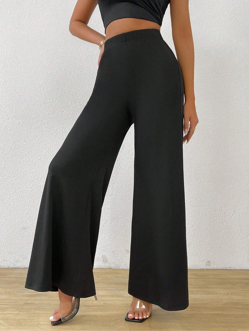 LUNE Pantalones anchos negros de cintura alta casuales y de moda