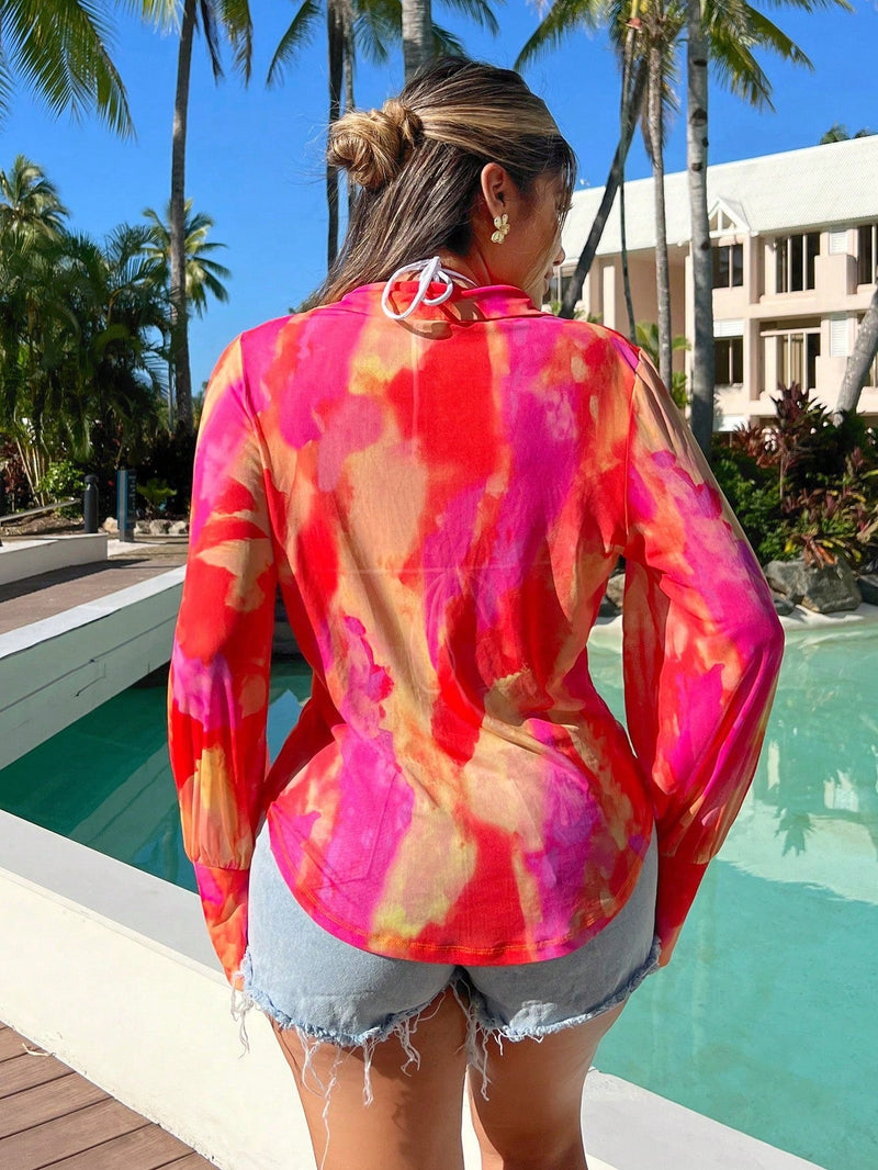 SXY Camisa veraniega con estampado tie-dye, suelta, transparente y con cuello con volantes