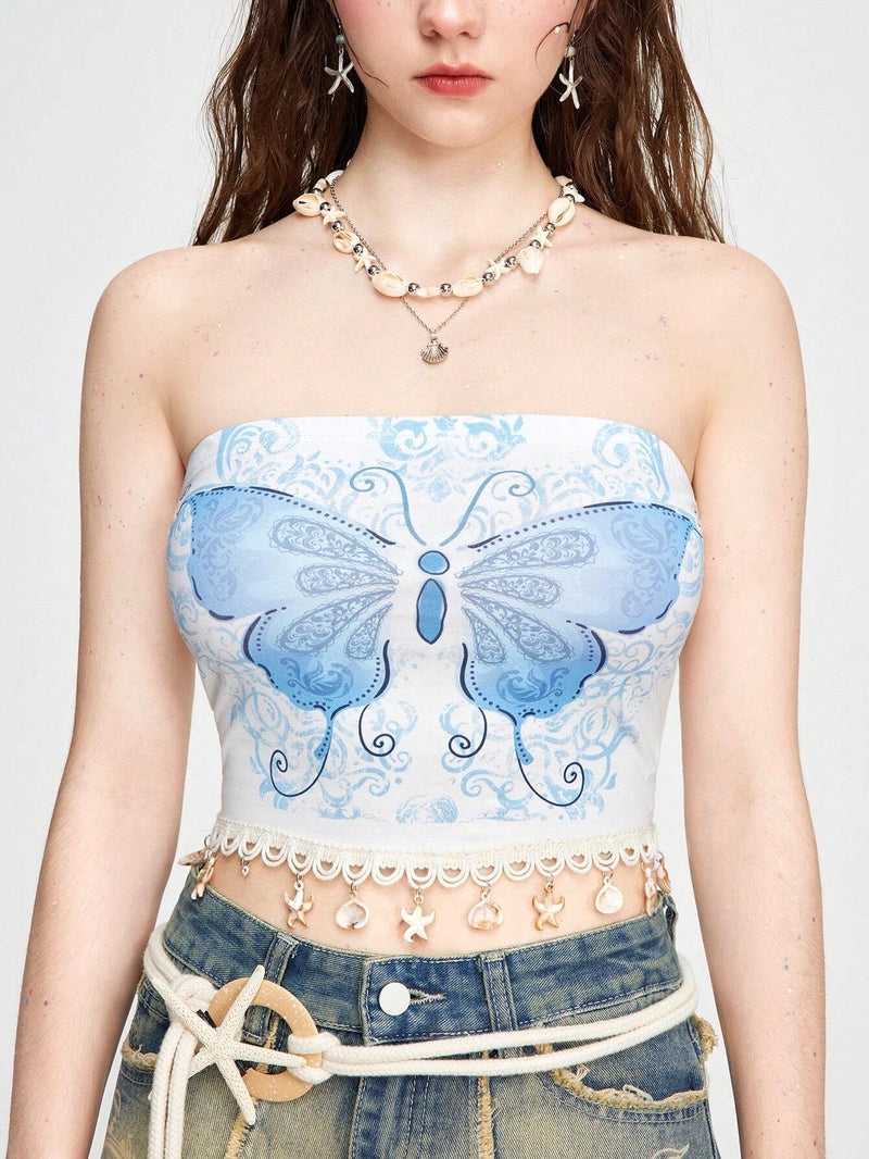 ROMWE Fairycore Top de tubo con estampado de mariposas y colgante de concha para mujer, ideal para vacaciones en la playa durante el verano