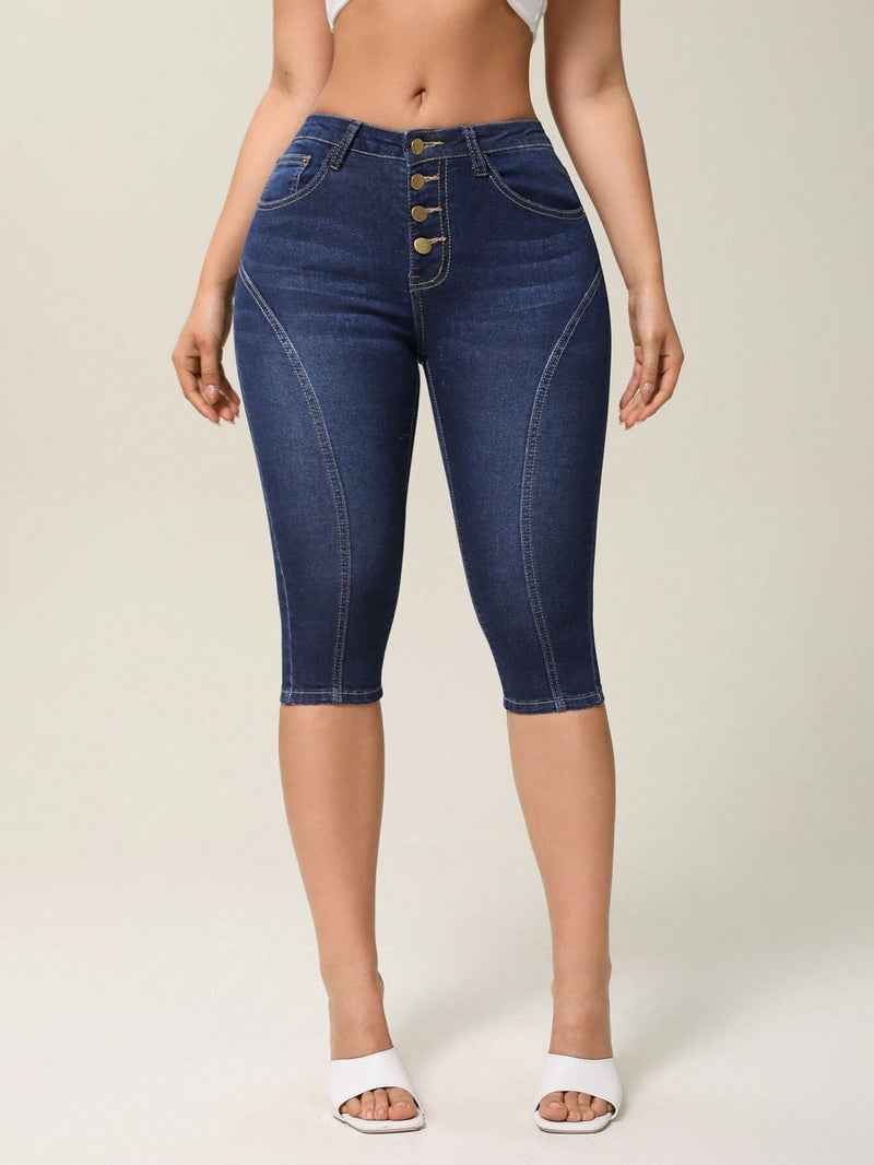 Essnce Jeans Capri lavados con botones de ajuste cenido para uso casual