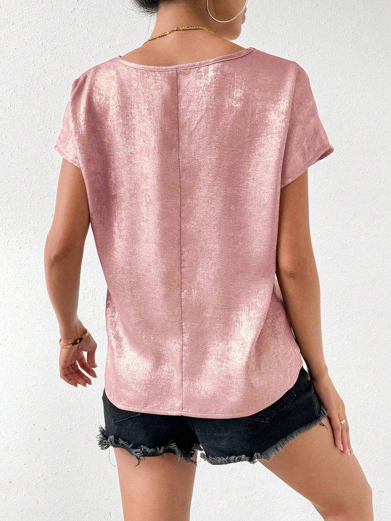 Essnce Blusa de verano para mujer de unicolor con escote en V y mangas murcielago