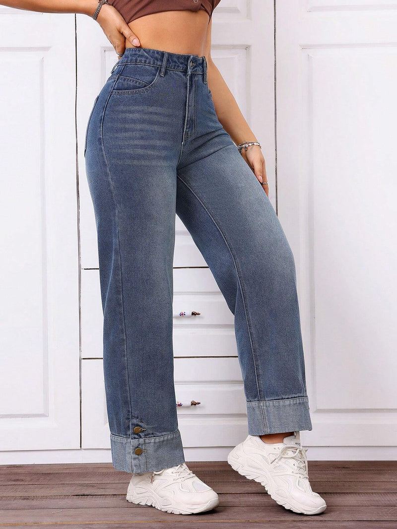 Jeans casuales de mujer con pierna recta y ajuste holgado con bolsillos, uso diario