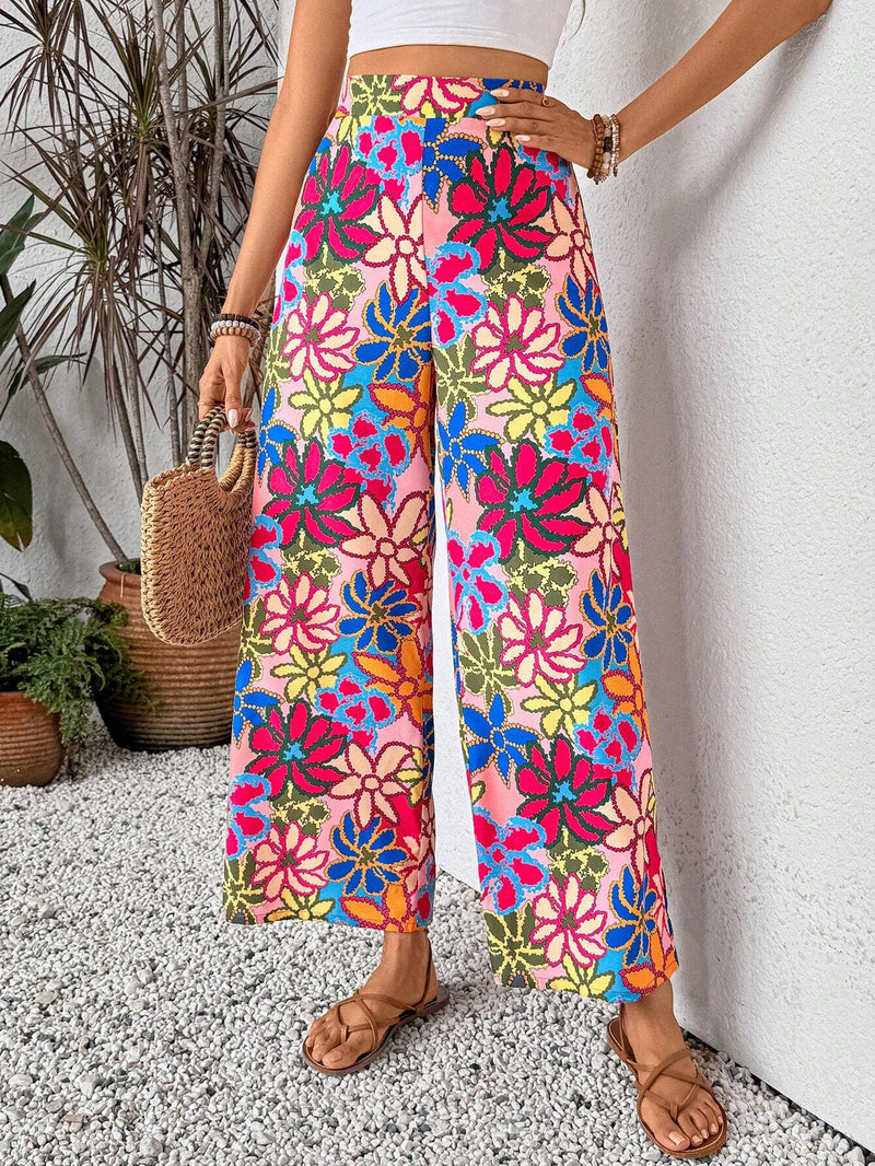 NEW  Essnce Mujeres vacacionales de cintura alta pantalones largos flojos de pierna ancha con estampado floral