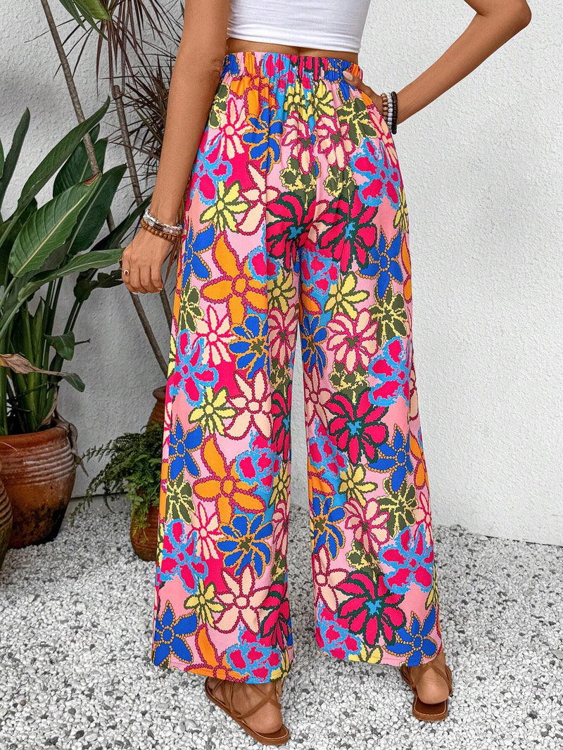 NEW  Essnce Mujeres vacacionales de cintura alta pantalones largos flojos de pierna ancha con estampado floral