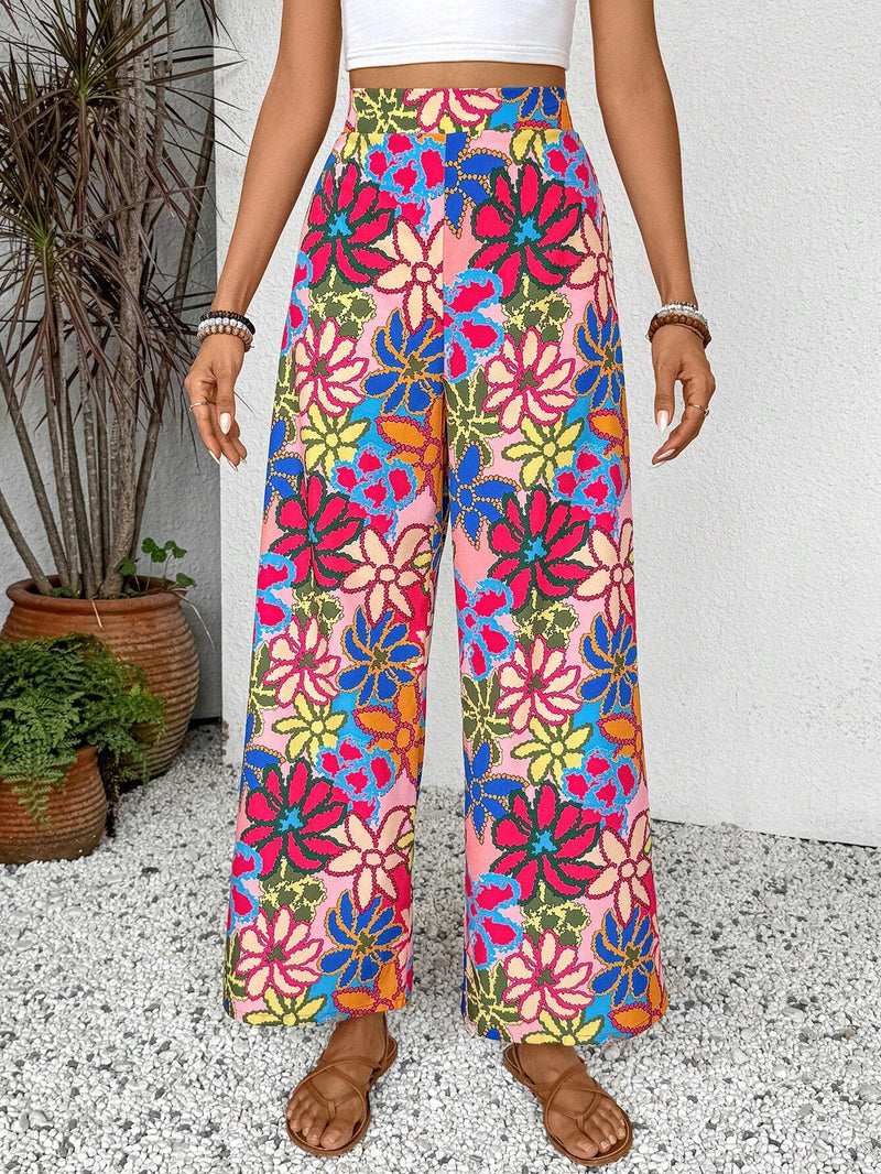 NEW  Essnce Mujeres vacacionales de cintura alta pantalones largos flojos de pierna ancha con estampado floral