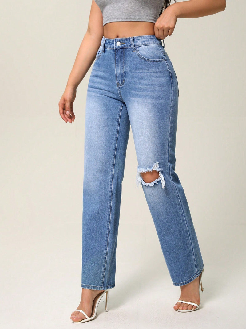 Essnce Jeans casuales desgastados rasgados de pierna recta para mujer