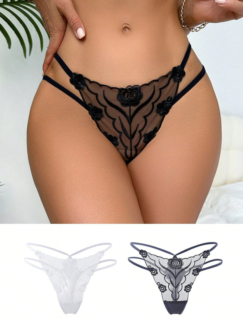 Conjunto de 3 piezas de tangas para mujeres con malla transparente bordada