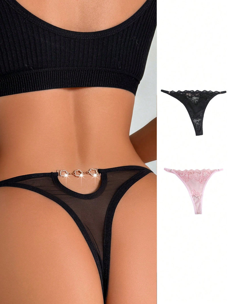 2 piezas Set de lenceria sexy con cordon y detalles de pedreria, calzones de tanga transpirables