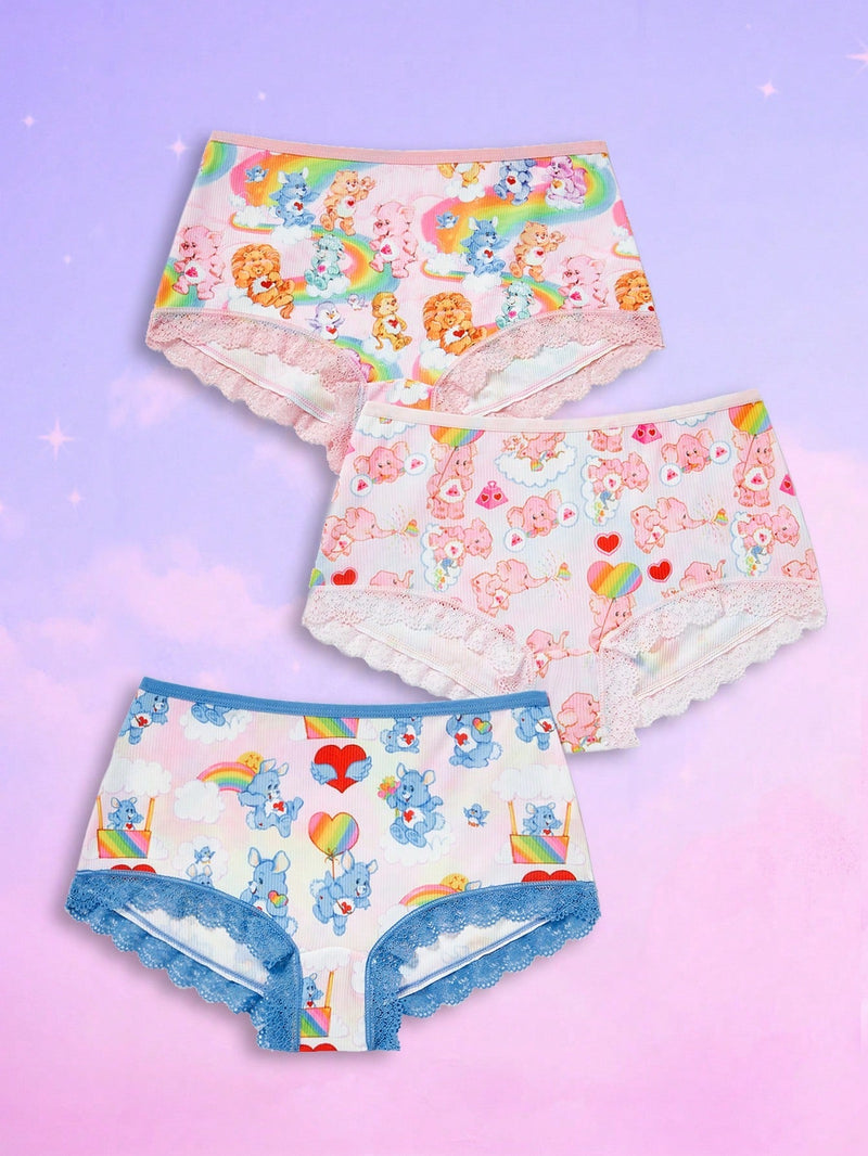 ROMWE X Care Bears Pantalones Cortos De Mujer Con Encaje Y Estampado De Dibujos Animados