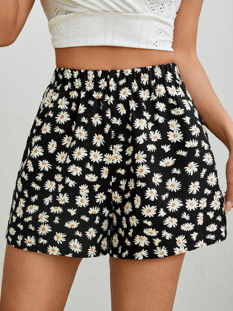 PETITE Shorts casuales de pierna ancha con estampado de margaritas para verano