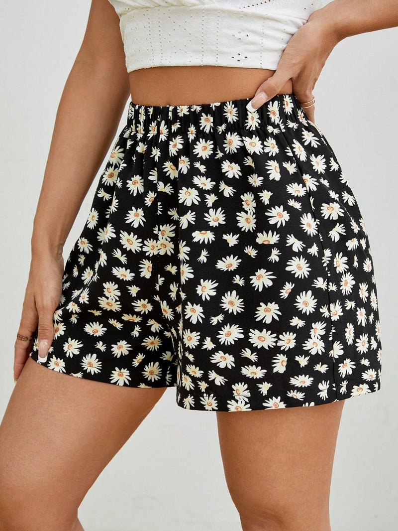 PETITE Shorts casuales de pierna ancha con estampado de margaritas para verano