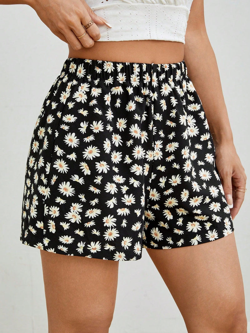 PETITE Shorts casuales de pierna ancha con estampado de margaritas para verano