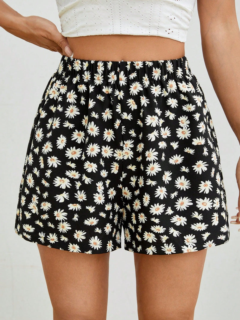 PETITE Shorts casuales de pierna ancha con estampado de margaritas para verano