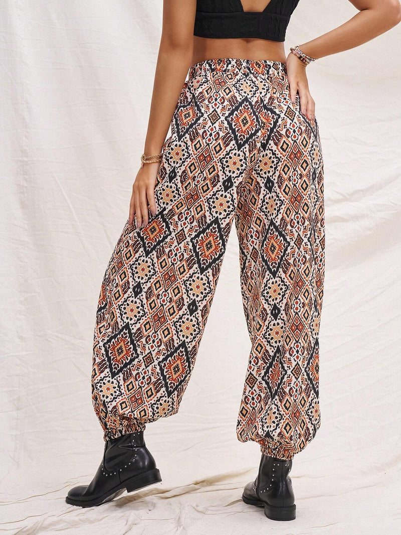 WYWH Pantalones de linterna de cintura elastica para mujer con diseno de diamante de azulejos para vacaciones, color marron