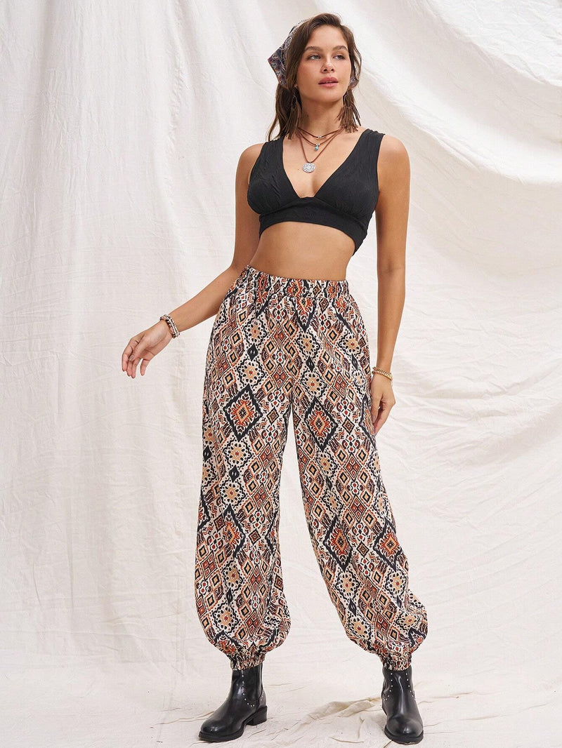 WYWH Pantalones de linterna de cintura elastica para mujer con diseno de diamante de azulejos para vacaciones, color marron