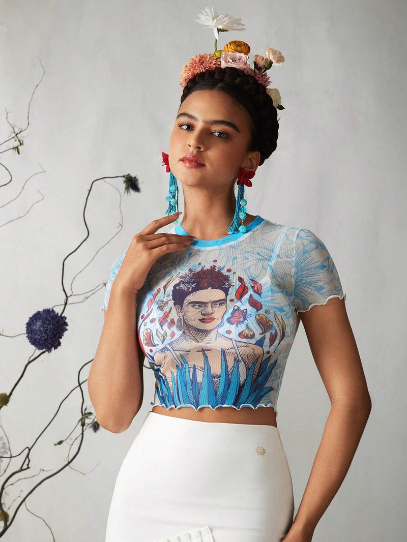 Frida Kahlo X  Top corto de malla transparente con ribete de lechuga y estampado de plantas para mujer, verano