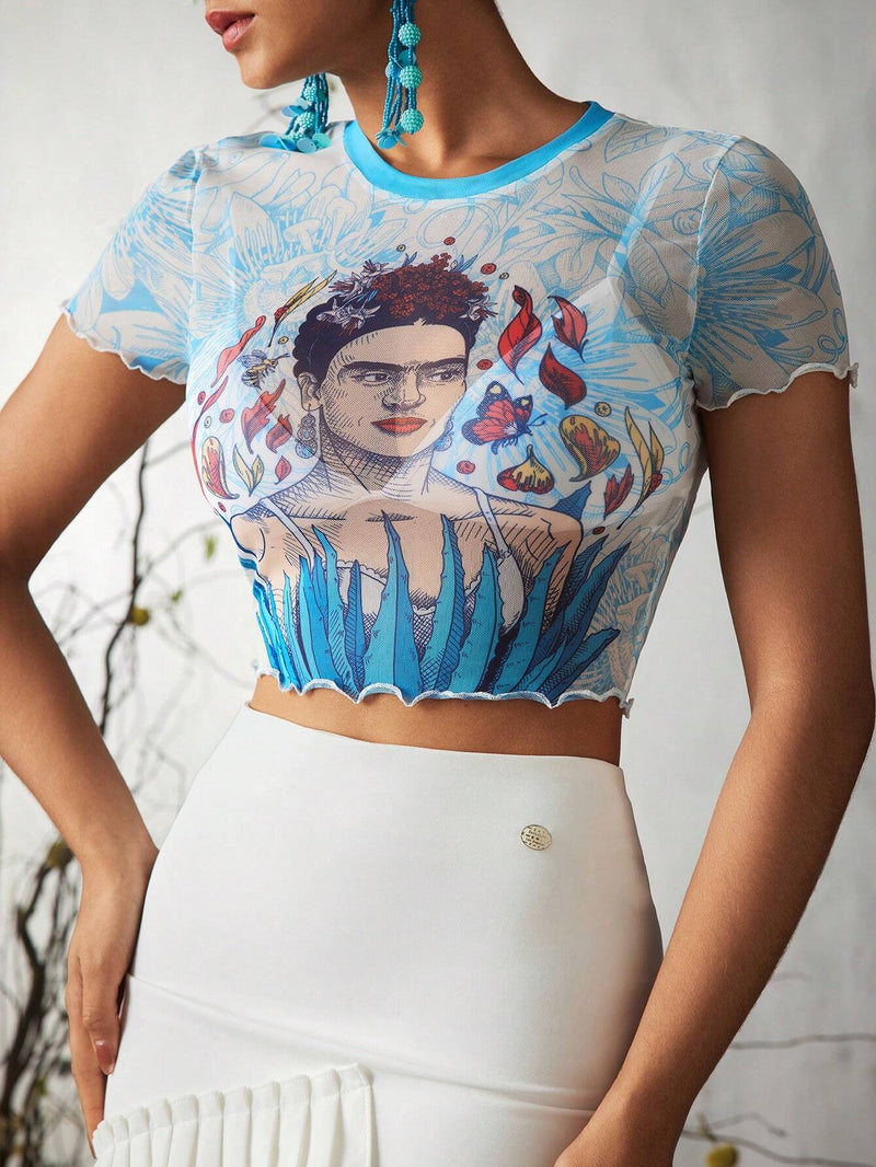 Frida Kahlo X  Top corto de malla transparente con ribete de lechuga y estampado de plantas para mujer, verano