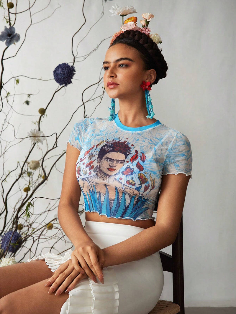 Frida Kahlo X  Top corto de malla transparente con ribete de lechuga y estampado de plantas para mujer, verano