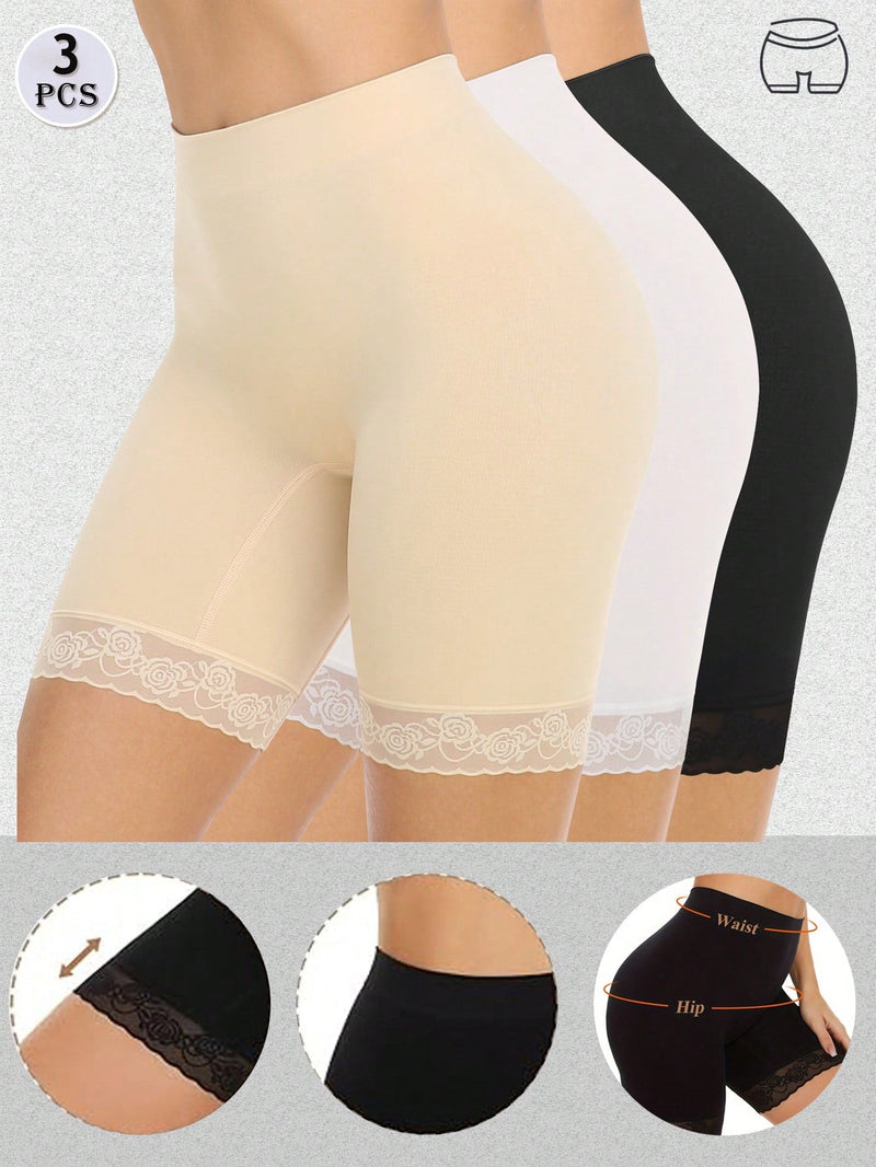 3 piezas Shorts con encaje, pantalones cortos tipo ciclista para mujeres, comodos pantalones cortos deslizantes sin costuras con estiramiento suave y sin costuras para usar debajo de vestidos