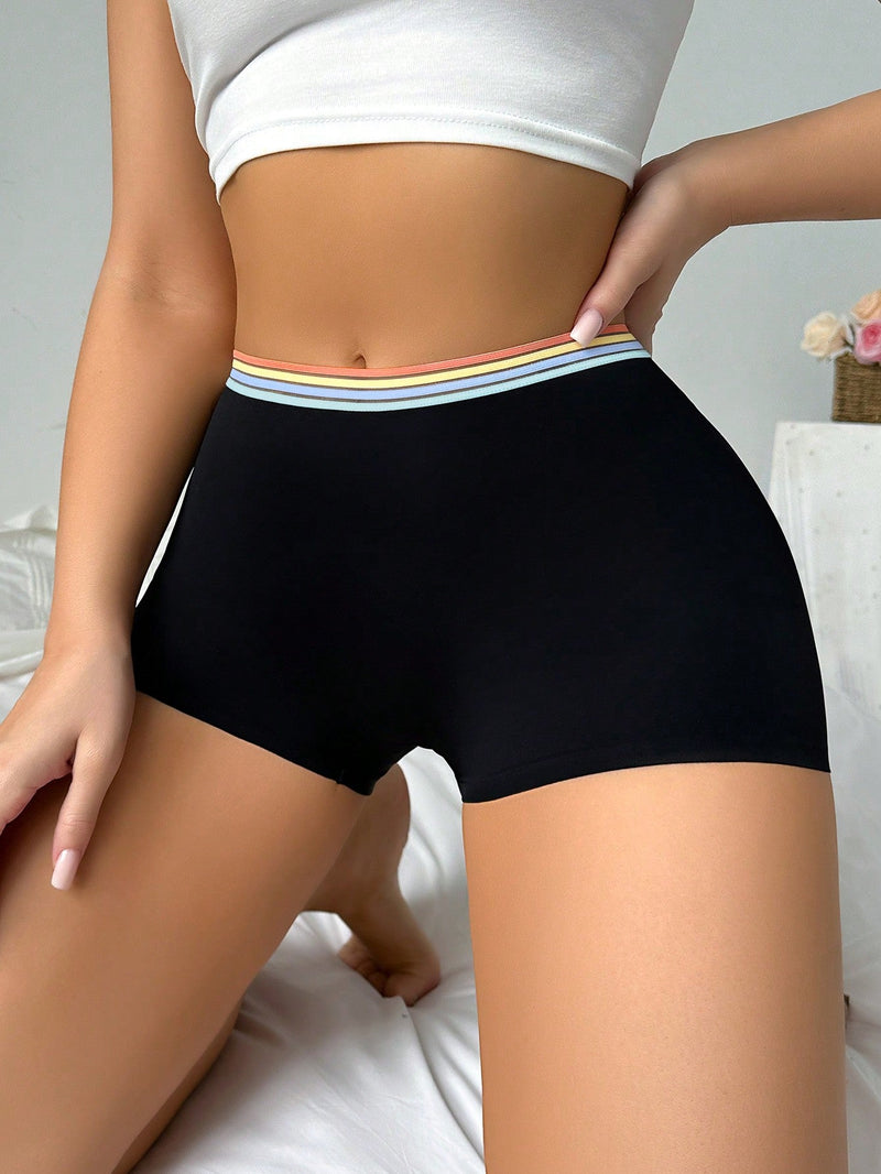 Pieza unica de panty estilo boyshorts para mujeres tejida sin costuras, transpirable, suave y con borde de rayas coloridas