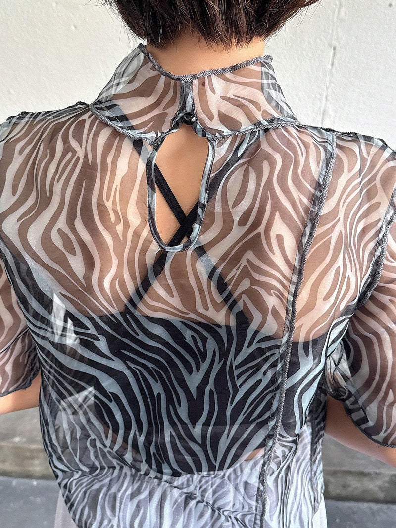 FRIFUL Top De Manga Corta Con Cuello Alto Y Malla Transparente Para Mujeres, Adecuado Para Verano