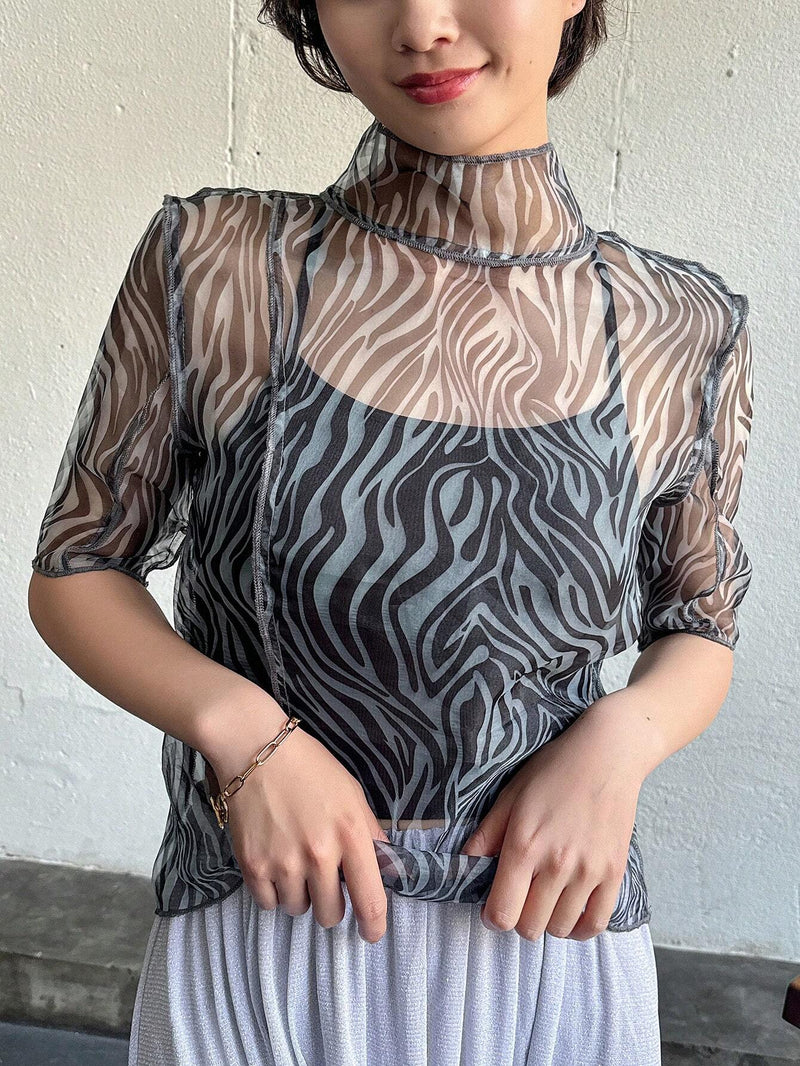 FRIFUL Top De Manga Corta Con Cuello Alto Y Malla Transparente Para Mujeres, Adecuado Para Verano