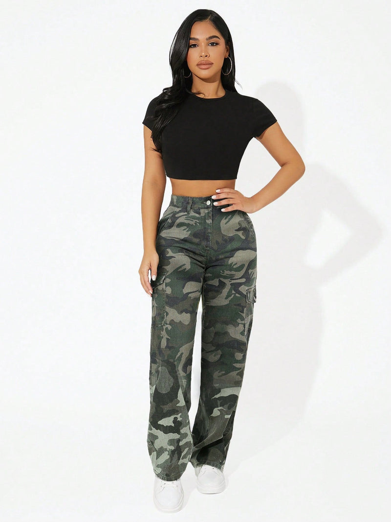 PETITE Jeans casuales para mujer con estampado de camuflaje y bolsillos para herramientas