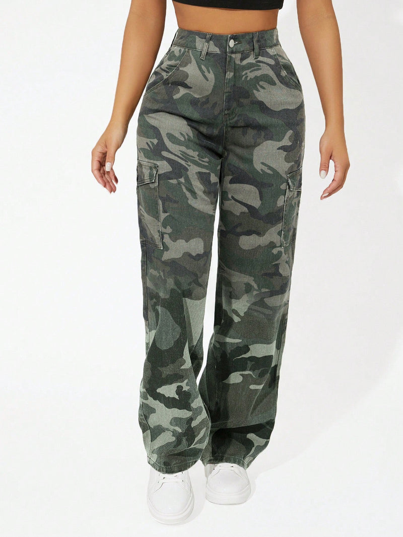 PETITE Jeans casuales para mujer con estampado de camuflaje y bolsillos para herramientas