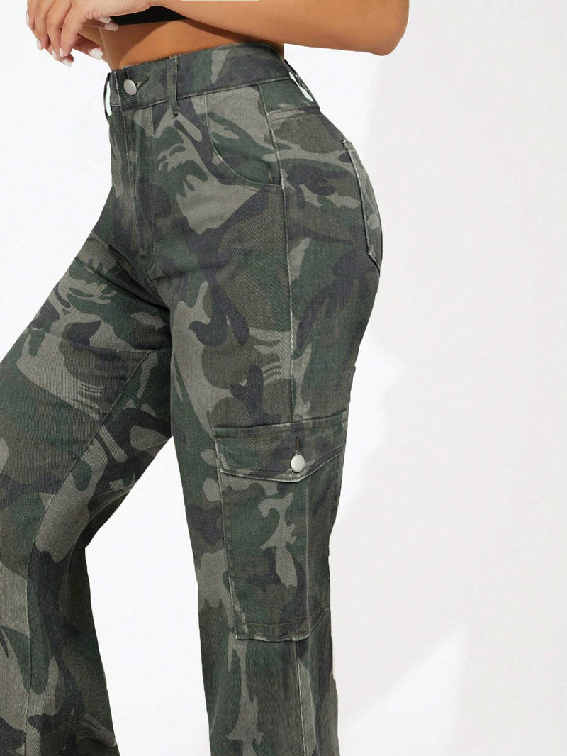 PETITE Jeans casuales para mujer con estampado de camuflaje y bolsillos para herramientas