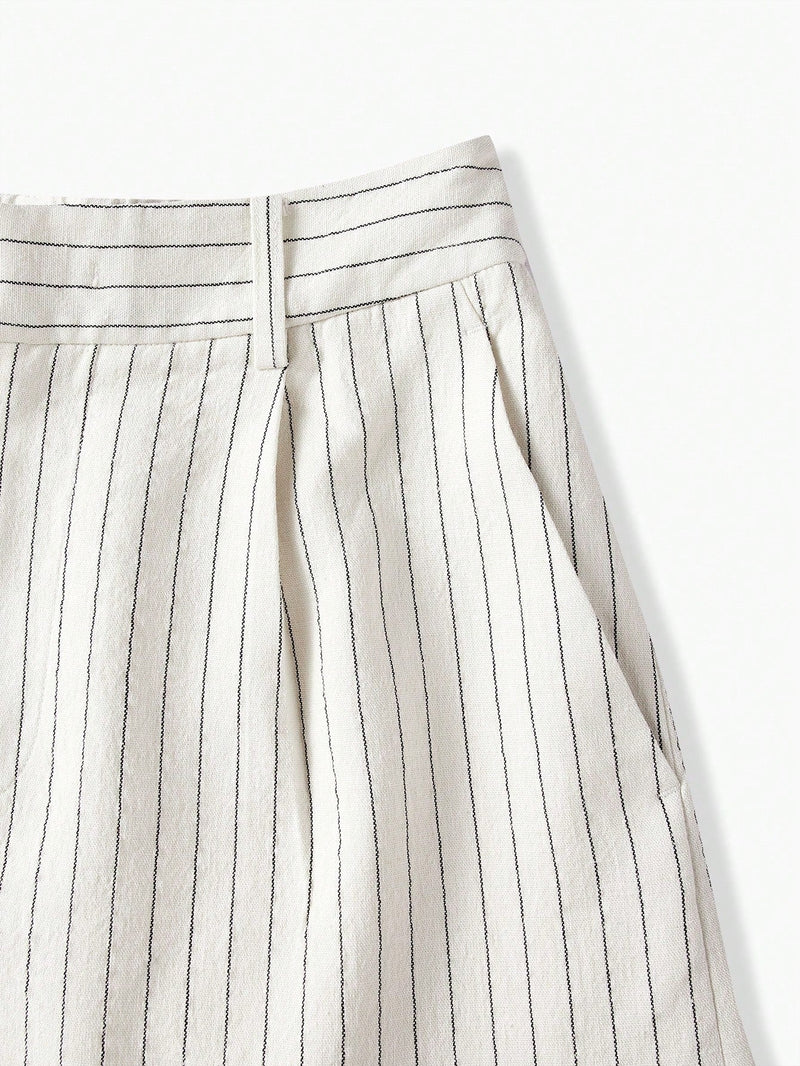 MOTF PREMIUM Pantalones Cortos De Lino Con Pliegues Y Bolsillos En Diagonal Con Estampado De Rayas