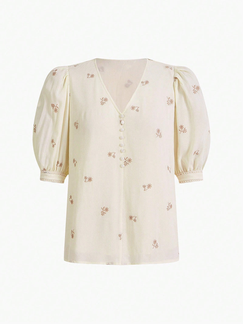 MOTF PREMIUM Blusa De Manga Abullonada Con Patron Floral De Bordado Decorativo