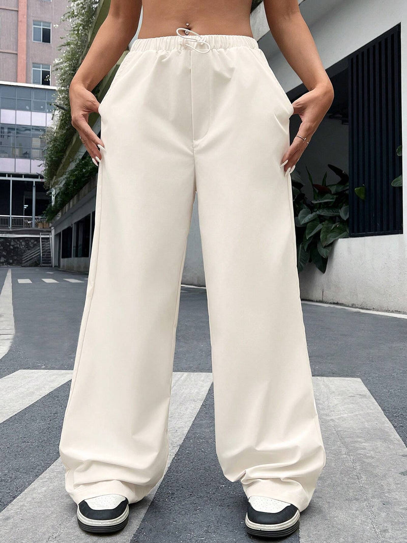 EZwear Pantalones Blancos De Pierna Ancha Con Cintura Fruncida Tejida