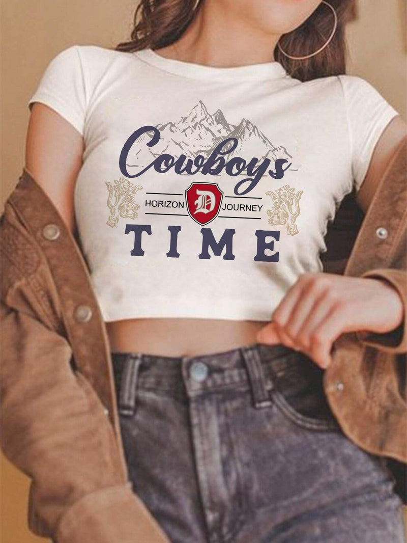 Camiseta blanca de manga corta con estampado de vaquero del oeste para mujer, ajustada y corta, adecuada para el festival de musica de verano Cowboys HORIZON D JOURNEY TIME