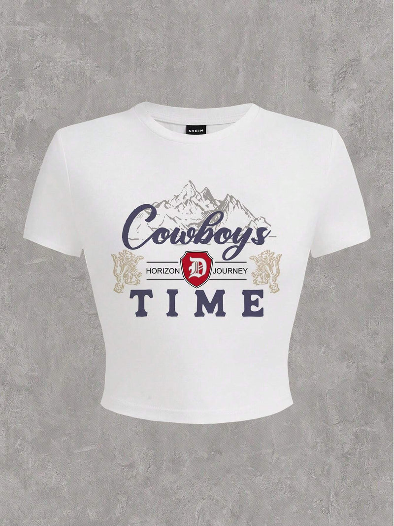 Camiseta blanca de manga corta con estampado de vaquero del oeste para mujer, ajustada y corta, adecuada para el festival de musica de verano Cowboys HORIZON D JOURNEY TIME