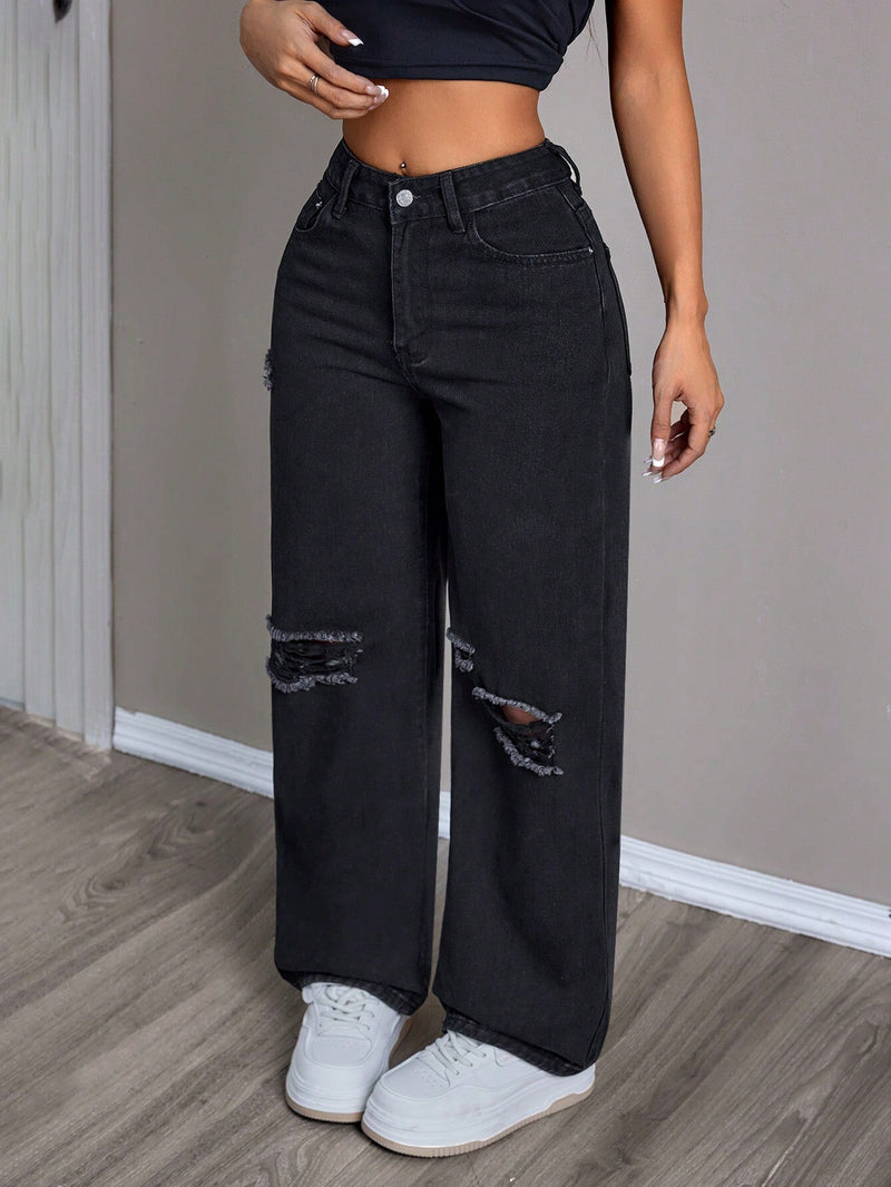 PETITE Jeans casuales sueltos de pierna ancha para mujeres con bolsillos y detalles desgastados